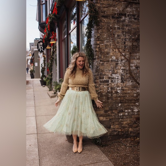 Anthropologie Dresses & Skirts - By Anthropologie Sydney Shimmer Tulle Midi Skirt Light Green Gold Glitter Large